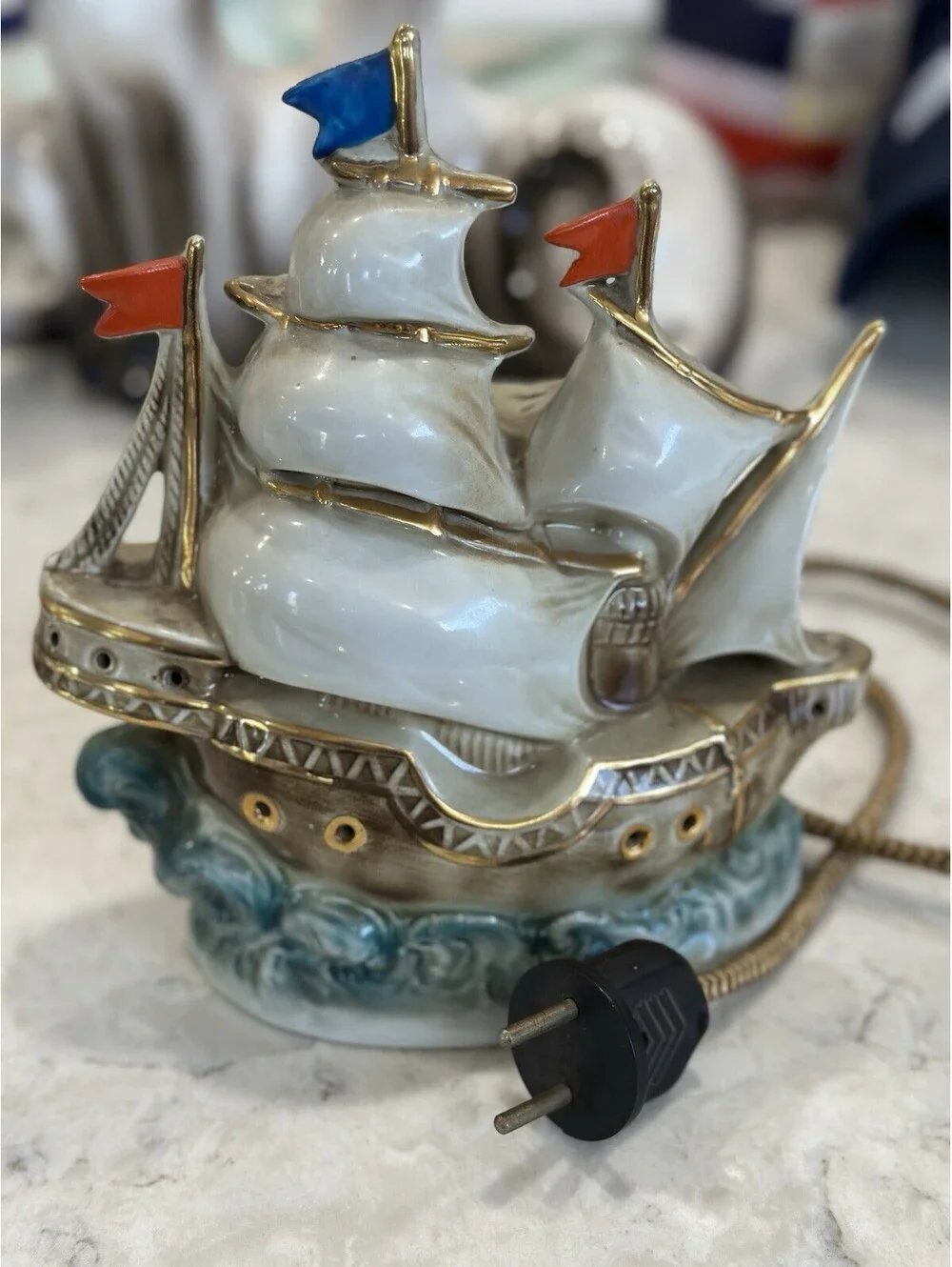 vintage ceramic ship lamp Heinz & Co, porcelain Made Germany